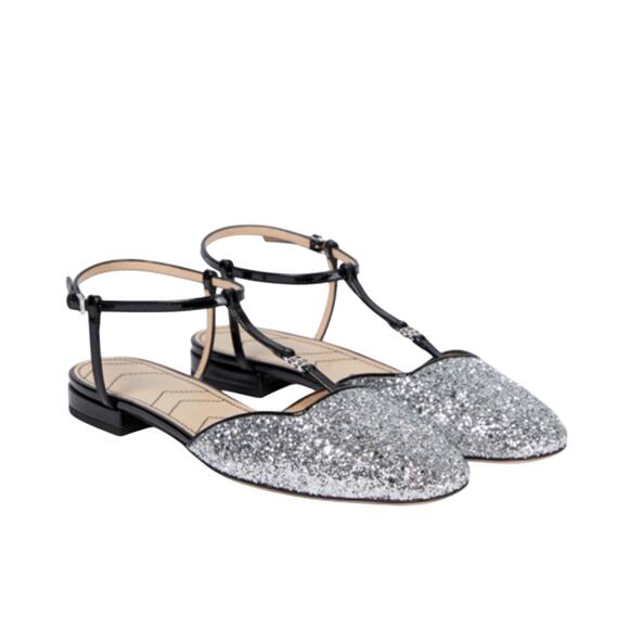 NIB Gucci Ballet Flat EU 38 US 8 Double G T-Strap Silver Glitter Shoes $920 - Picture 1 of 12